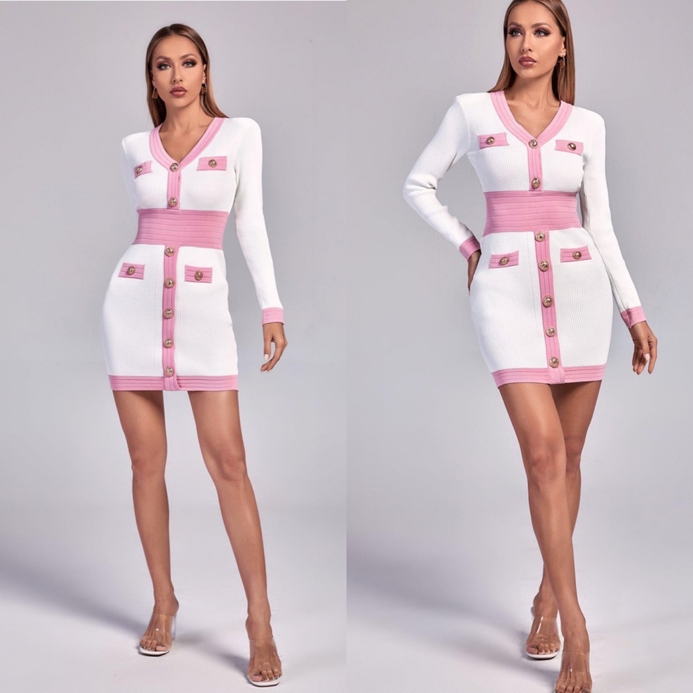 Bella: Mini Knit Dress - White/Pink